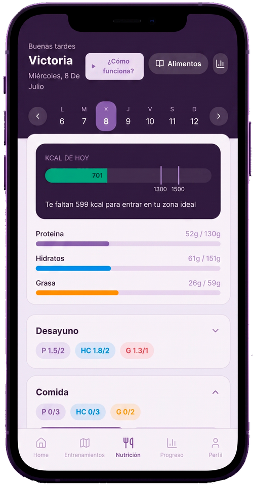Pantalla de nutrición de la app