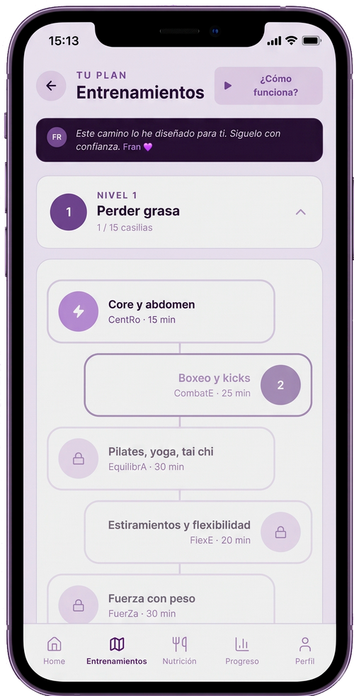 Mapa de niveles de entrenamientos en la app